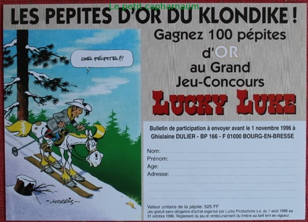 Publicité - Concours Lucky Luke - Les pépites d'or du Klondike - 1996 documents anciens publicites publicite concours lucky luke les pepites or du klondike 1996