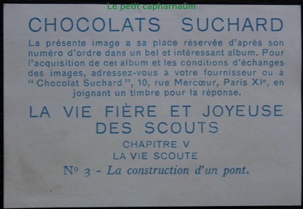 Image / Chromo - La vie fière et joyeuse des scouts - V-03 - La construction d'un pont documents anciens chromos images alimentaires image chromo la vie fiere et joyeuse des scouts v 03 la construction un pont