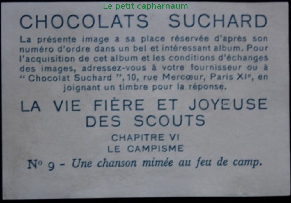 documents anciens chromos images alimentaires image chromo la vie fiere et joyeuse des scouts vi 09 une chanson mimee au feu de camp