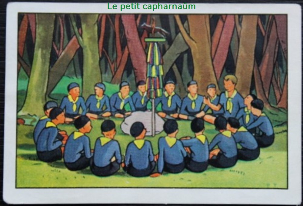 Image / Chromo - La vie fière et joyeuse des scouts - VII-04 - Les louveteaux au rocher du conseil documents anciens chromos images alimentaires image chromo la vie fiere et joyeuse des scouts vii 04 les louveteaux au rocher du conseil