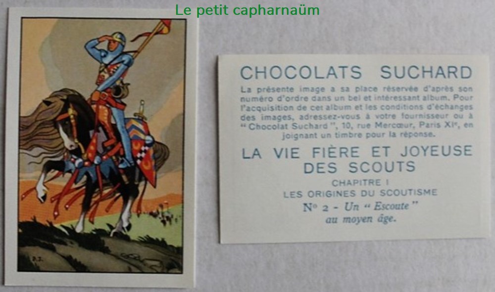 Image / Chromo - La vie fière et joyeuse des scouts - I-02 - Un escoute au Moyen âge documents anciens chromos images alimentaires image chromo la vie fiere et joyeuse des scouts i 02 un escoute au moyen age