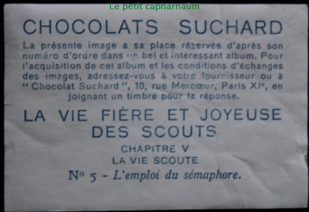 Image / Chromo - La vie fière et joyeuse des scouts - V-05 - L'emploi du sémaphore documents anciens chromos images alimentaires image chromo la vie fiere et joyeuse des scouts v 05 emploi du semaphore