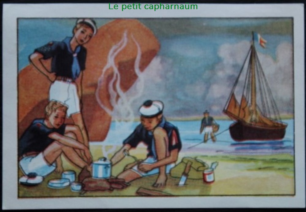 Image / Chromo - La vie fière et joyeuse des scouts - VIII-05 - La popote sur la plage documents anciens chromos images alimentaires image chromo la vie fiere et joyeuse des scouts viii 05 la popote sur la plage
