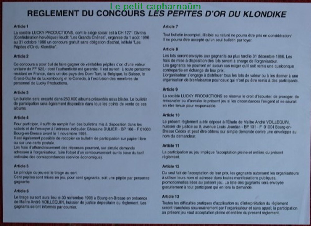 Publicité - Concours Lucky Luke - Les pépites d'or du Klondike - 1996 documents anciens publicites publicite concours lucky luke les pepites or du klondike 1996