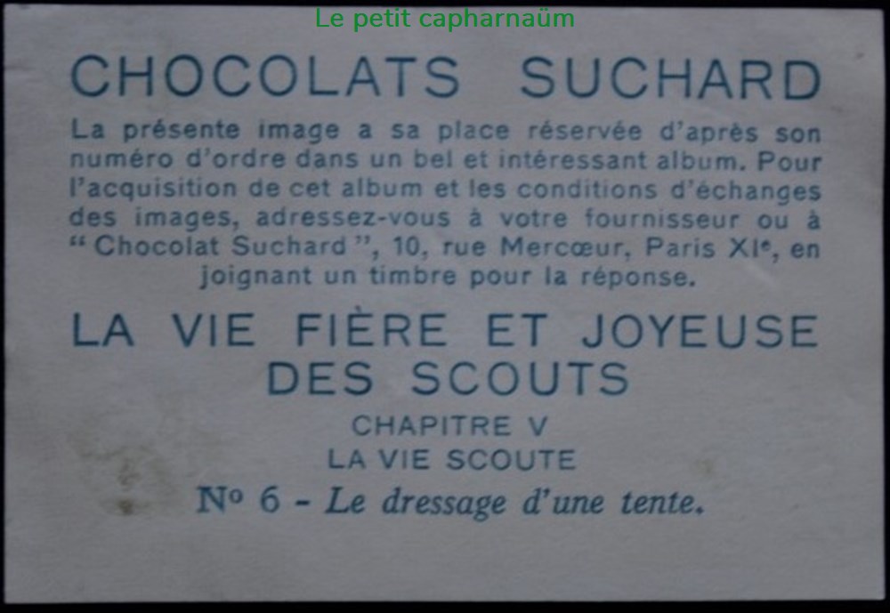 Image / Chromo - La vie fière et joyeuse des scouts - V-06 - Le dressage d'une tente documents anciens chromos images alimentaires image chromo la vie fiere et joyeuse des scouts v 06 le dressage une tente