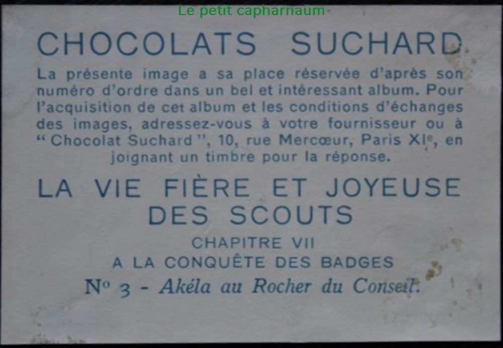 Image / Chromo - La vie fière et joyeuse des scouts - VII-03 - Akéla au rocher du conseil documents anciens chromos images alimentaires image chromo la vie fiere et joyeuse des scouts vii 03 akela au rocher du conseil