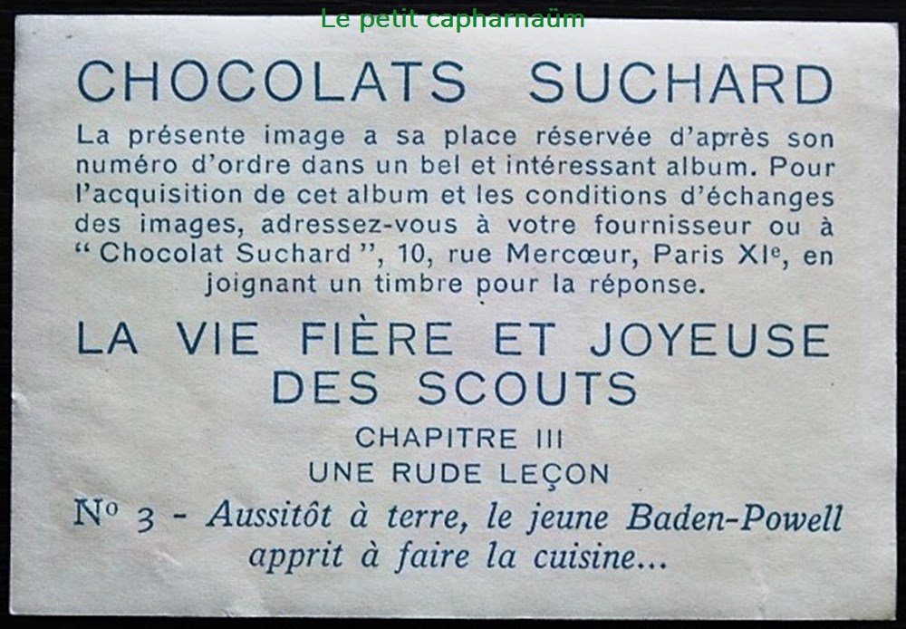 Image / Chromo - La vie fière et joyeuse des scouts - III-03 - Baden Powell apprend la cuisine documents anciens chromos images alimentaires image chromo la vie fiere et joyeuse des scouts iii 03 baden powell apprend la cuisine