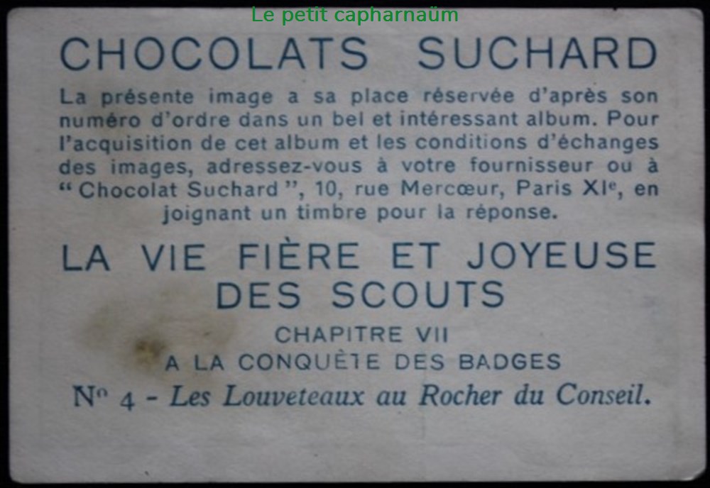 Image / Chromo - La vie fière et joyeuse des scouts - VII-04 - Les louveteaux au rocher du conseil documents anciens chromos images alimentaires image chromo la vie fiere et joyeuse des scouts vii 04 les louveteaux au rocher du conseil
