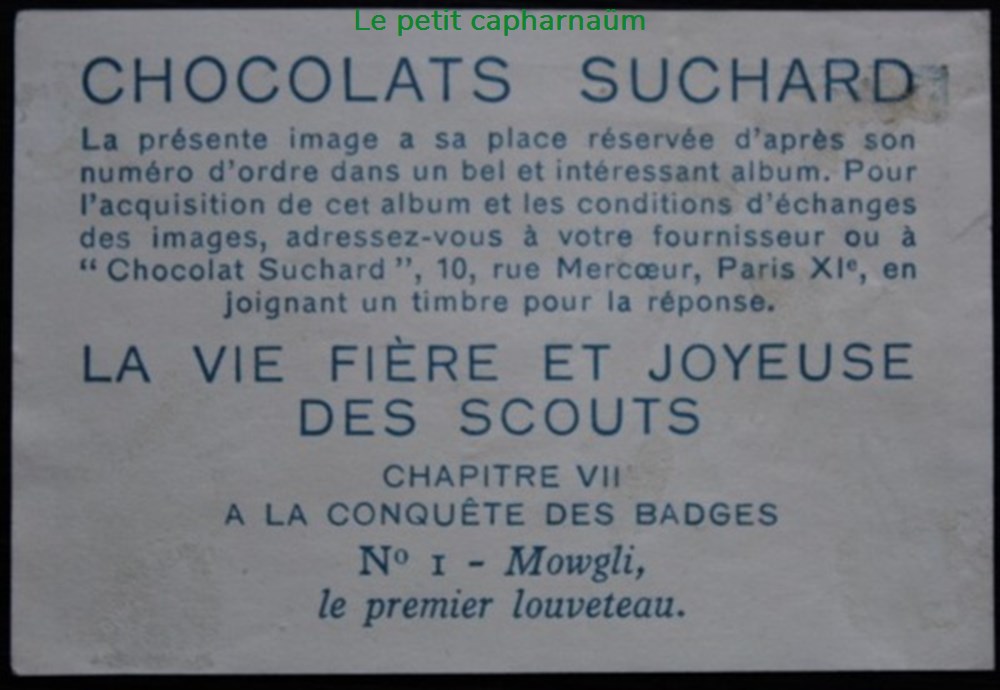Image / Chromo - La vie fière et joyeuse des scouts - VII-01 - Mowgli, le premier louveteau documents anciens chromos images alimentaires image chromo la vie fiere et joyeuse des scouts vii 01 mowgli le premier louveteau