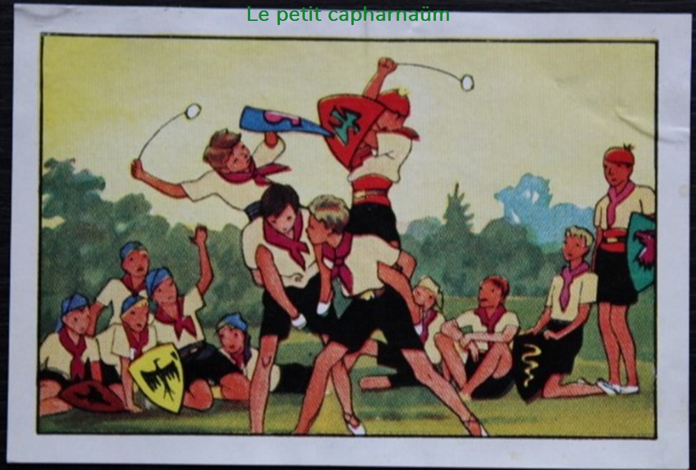 Image / Chromo - La vie fière et joyeuse des scouts - XX-06 - Les tournois au camp documents anciens chromos images alimentaires image chromo la vie fiere et joyeuse des scouts xx 06 les tournois au camp