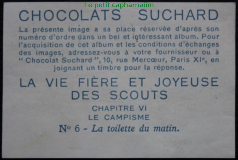 Image / Chromo - La vie fière et joyeuse des scouts - VI-06 - La toilette du matin documents anciens chromos images alimentaires image chromo la vie fiere et joyeuse des scouts vi 06 la toilette du matin