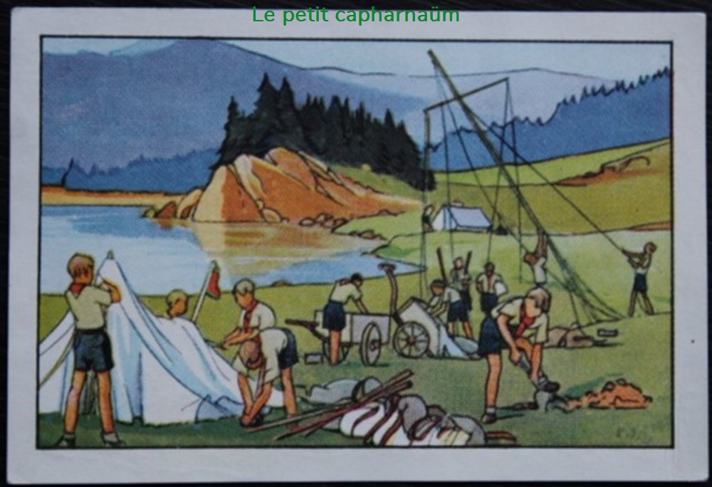 Image / Chromo - La vie fière et joyeuse des scouts - VI-05 - Montage du camp documents anciens chromos images alimentaires image chromo la vie fiere et joyeuse des scouts vi 05 montage du camp