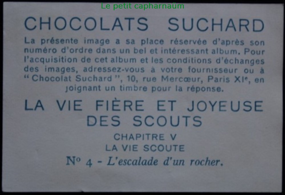 Image / Chromo - La vie fière et joyeuse des scouts - V-04 - L'escalade d'un rocher documents anciens chromos images alimentaires image chromo la vie fiere et joyeuse des scouts v 04 escalade un rocher