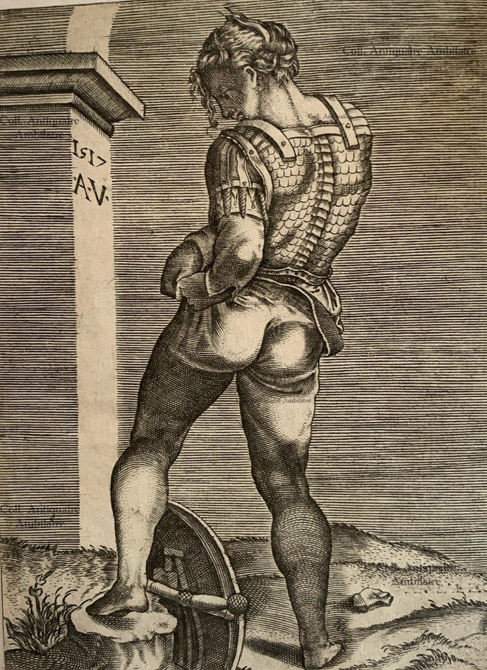 art antiquites estampes gravures agostino veneziano soldat debout en train de se rhabiller