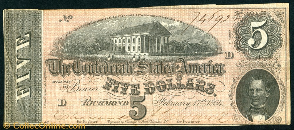 T-69. 1864 $5 CSA banknote north america united state of t 69 1864 5 csa
