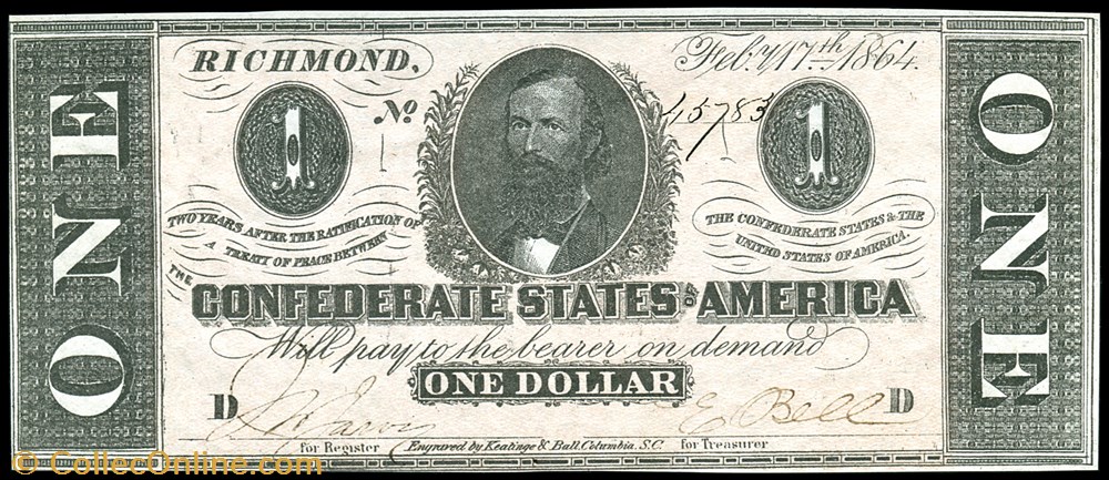 T-71. 1864 $1 CSA banknote north america united state of t 71 1864 1 csa