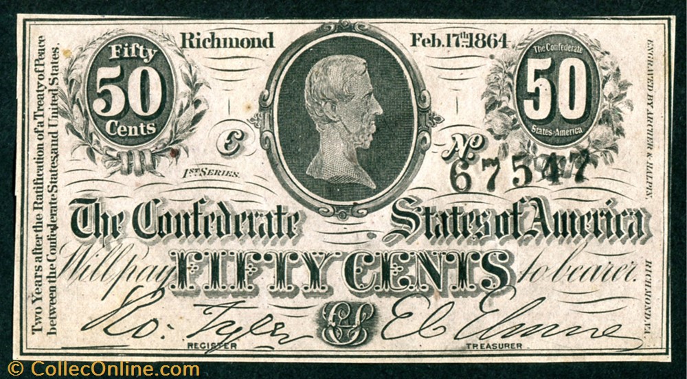 T-72. 1864 50¢ CSA banknote north america united state of t 72 1864 50 csa