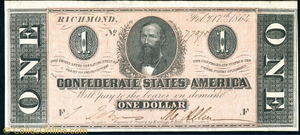 T-71. 1864 $1 CSA banknote north america united state of t 71 1864 1 csa