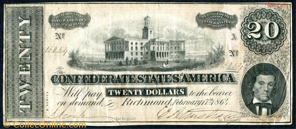 T-67. 1864 $20 CSA banknote north america united state of t 67 1864 20 csa