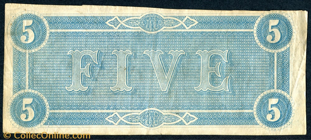 T-69. 1864 $5 CSA banknote north america united state of t 69 1864 5 csa