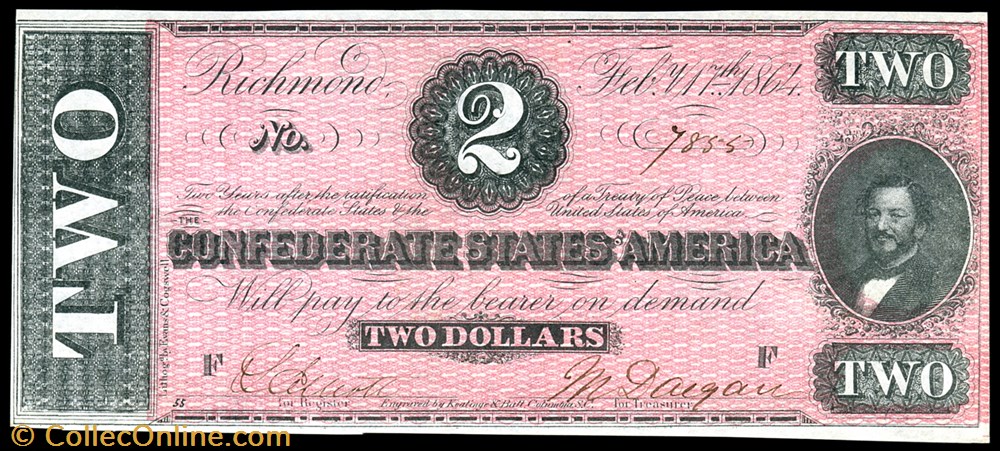 T-70 R. 1864 $2 CSA banknote north america united state of t 70 r 1864 2 csa