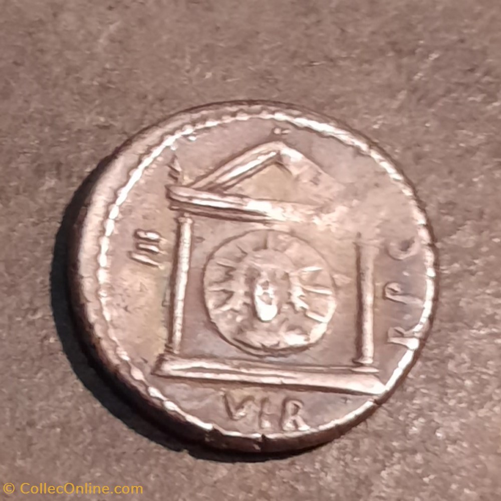 Marc Antoine A/Tete nue a d R/Temple distyle de sol -42 D 17.3 P3.85 RCV 1467 C12 RRC496/1 monnaie antique av jc ap romaine republicaine imperiale marc antoine a tete nue a d r temple distyle de sol 42 d 17 3 p3 85 rcv 1467 c12 rrc496 1