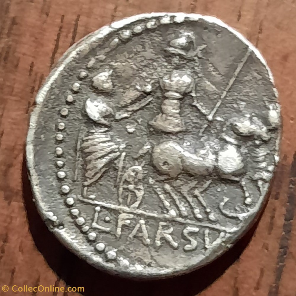 Farsuleia A/Tete de la Liberte a d R/Rome dans un quadrige a d - 75 D18 P 3.62 RCV 328 monnaie antique av jc ap romaine republicaine imperiale farsuleia a tete de la liberte a d r rome dans un quadrige a d 75 d18 p 3 62 rcv 328
