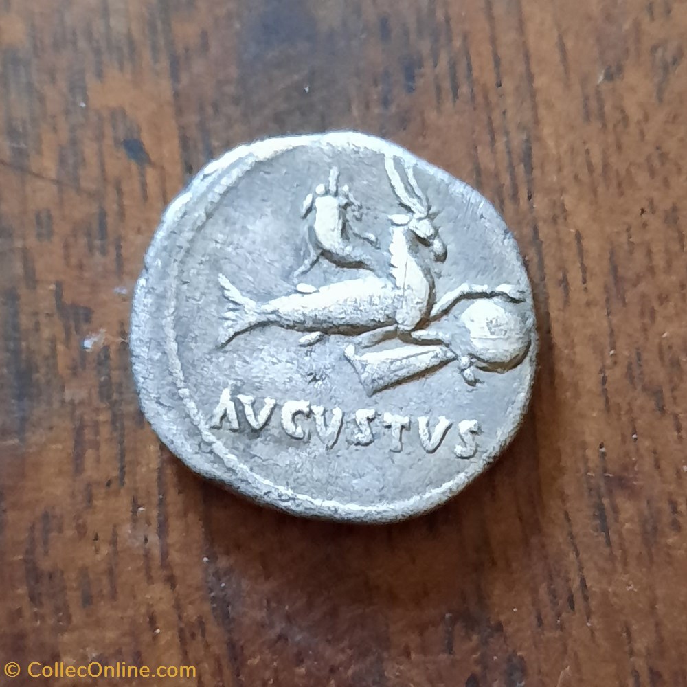 Auguste A/ Tete nue Auguste a g R/ Capricorne a d AUGUSTUS exergue -19-18 D18.6 P3.62g RCV 1592 monnaie antique av jc romaine republicaine imperiale auguste a tete nue auguste a g r capricorne a d augustus exergue 19 18 d18 6 p3 62g rcv 1592