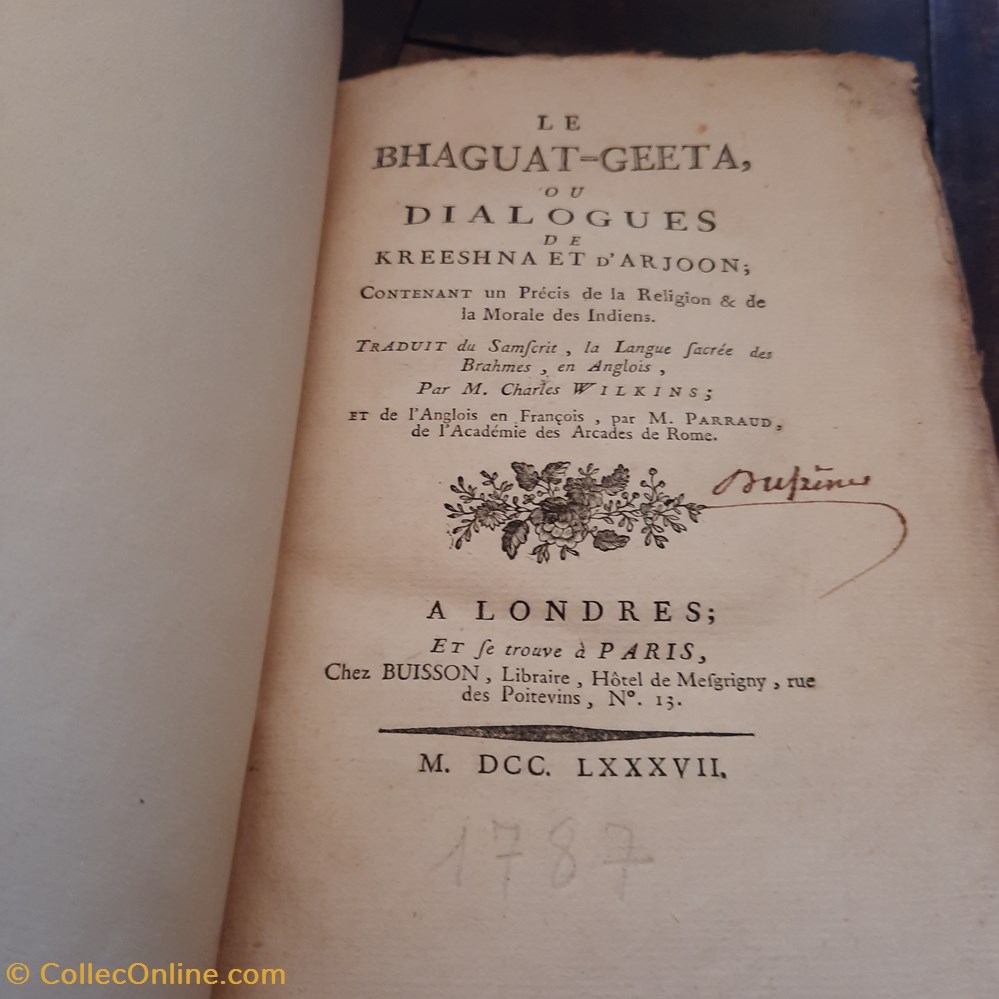Le BHAGUAT GEETA ecrit du dialogue sacre de kreeshna et d Arjoon 1787 2 livres bd revues le bhaguat geeta ecrit du dialogue sacre de kreeshna et d arjoon 1787