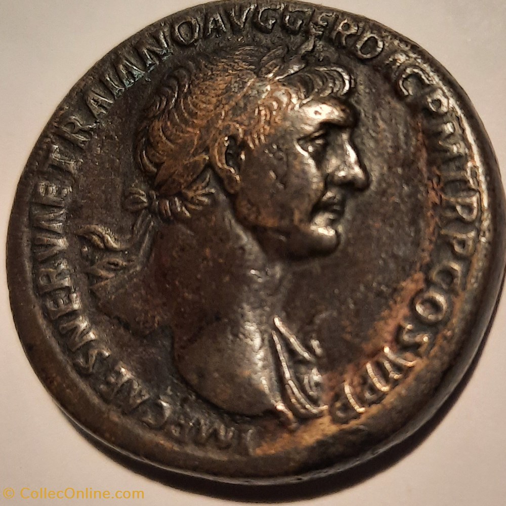 Trajan A/Buste lauree a d R/La Paix debout a g +107 D33.5 P 24.51 RCV3198 C407 RIC503 monnaie antique av jc ap romaine republicaine imperiale trajan a buste lauree a d r la paix debout a g 107 d33 5 p 24 51 rcv3198 c407 ric503