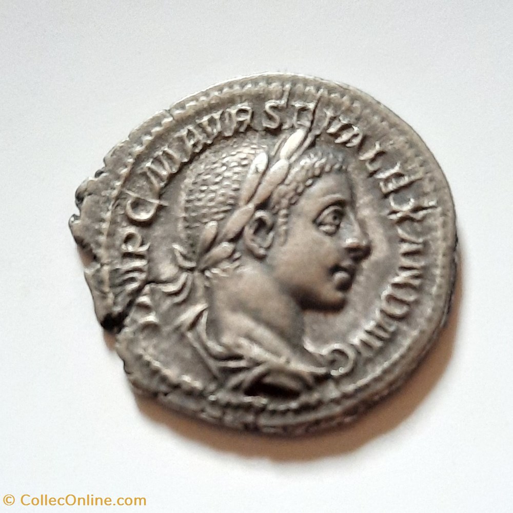 monnaie antique av jc ap romaine republicaine imperiale alexandre severe a buste laure a d r jupiter nu de face d 19 p 2 99g ric 35 c 249