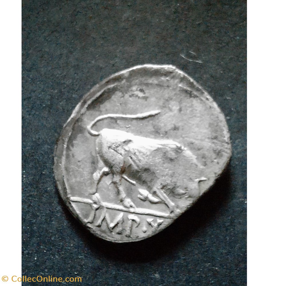 Auguste A/ Tete a d AVGVSTVS DIVI F R/Taureau a d IMP X -15 D18.2 P3.50g RCV 1610 monnaie antique jc ap romaine republicaine imperiale auguste a tete a d avgvstvs divi f r taureau a d imp x 15 d18 2 p3 50g rcv 1610