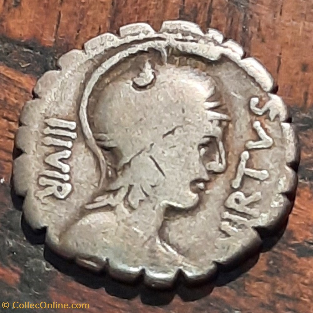 Aquillia A/Buste Virtus a d R/Guerrier relevant une femme -71 D19 P3.58g RCV336 monnaie antique av jc ap romaine republicaine imperiale aquillia a buste virtus a d r guerrier relevant une femme 71 d19 p3 58g rcv336