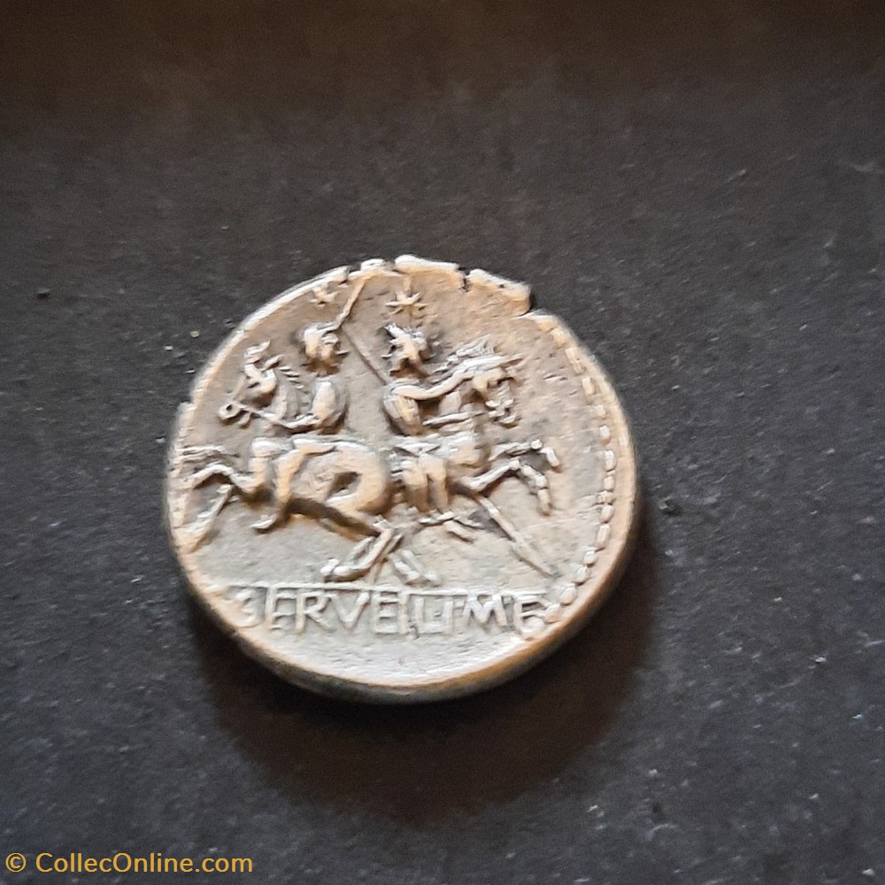 Servilia A/Tete de Rome R/Dioscures SERVEILI MF exergue -136 D 19.6 P 3.92 RCV 116 monnaie antique av jc ap romaine republicaine imperiale servilia a tete de rome r dioscures serveili mf exergue 136 d 19 6 p 3 92 rcv 116