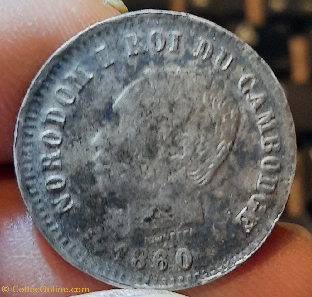 Norodom 1° A/ Tete nue a g R/ Ecu armes du Cambodge D23.5 P 3.96g Lec 61 monnaies monde norodom 1 a tete nue a g r ecu armes du cambodge d23 5 p 3 96g lec 61