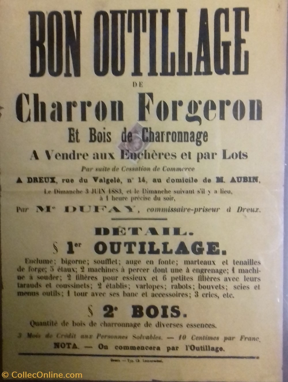 documents anciens affiches institutionnelle vente outillage de charron forgeron