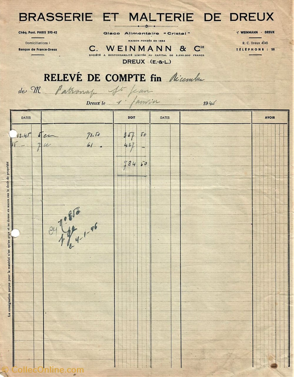 Relevé de compte de la Brasserie et Malterie de Dreux Weinmann documents anciens factures commerciaux releve de compte de la brasserie et malterie de dreux weinmann
