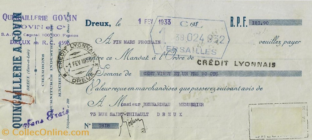 Mandat de la Quincaillerie A. Govin documents anciens factures commerciaux mandat de la quincaillerie a govin