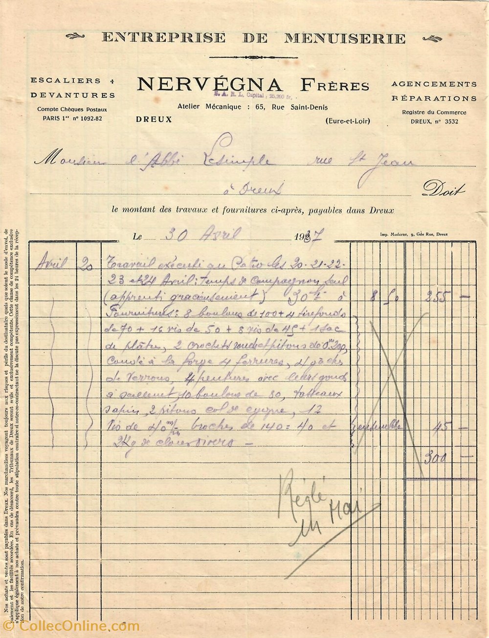 documents anciens factures commerciaux entreprise de menuiserie nervegna freres