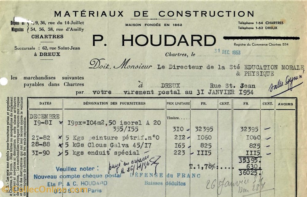 Matériaux de construction P. Houdard documents anciens factures commerciaux materiaux de construction p houdard