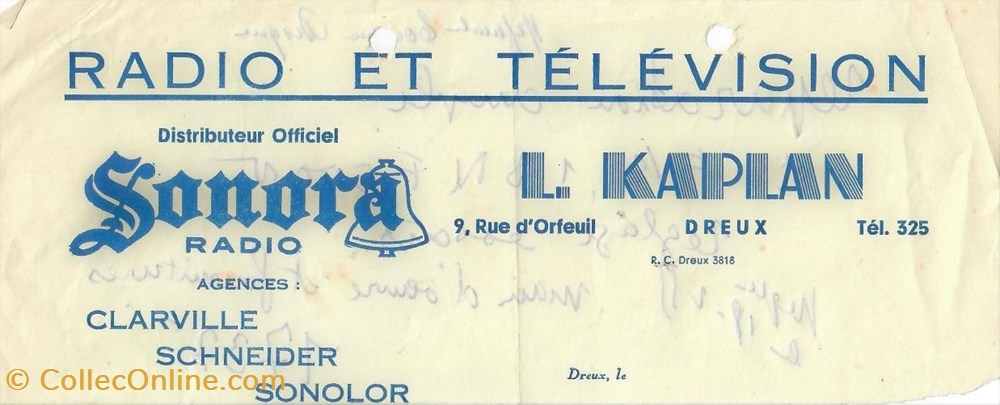 Radio et Télévision L. Kaplan documents anciens factures commerciaux radio et television l kaplan