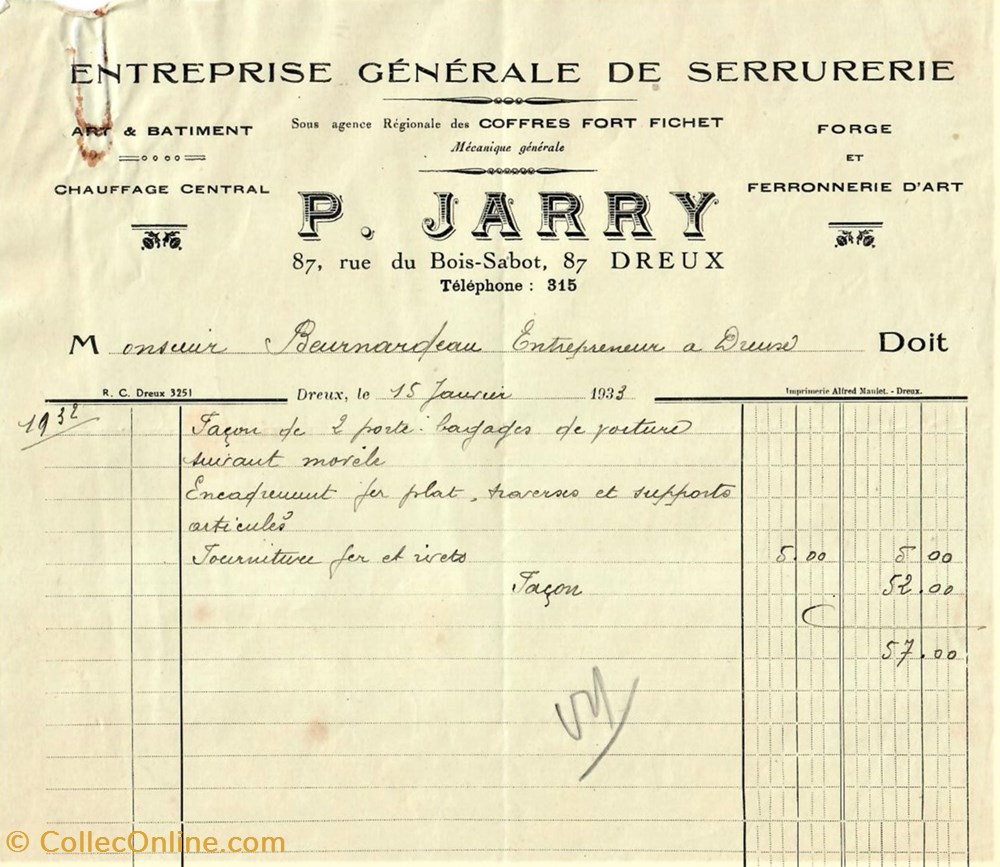 documents anciens factures commerciaux entreprise generale de serrurerie p jarry