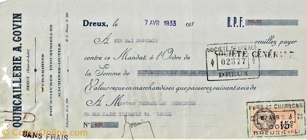 Mandat de la Quincaillerie A. Govin documents anciens factures commerciaux mandat de la quincaillerie a govin