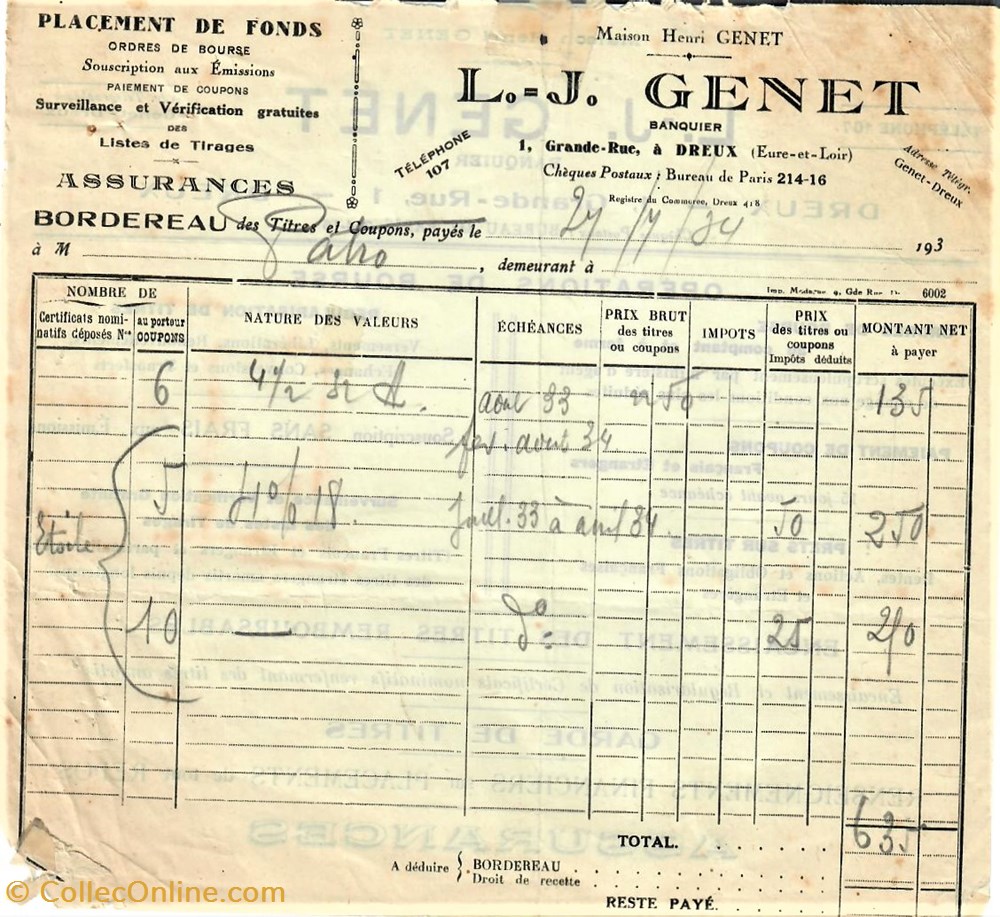 Assurances L.-J. Genet documents anciens factures commerciaux assurances l j genet