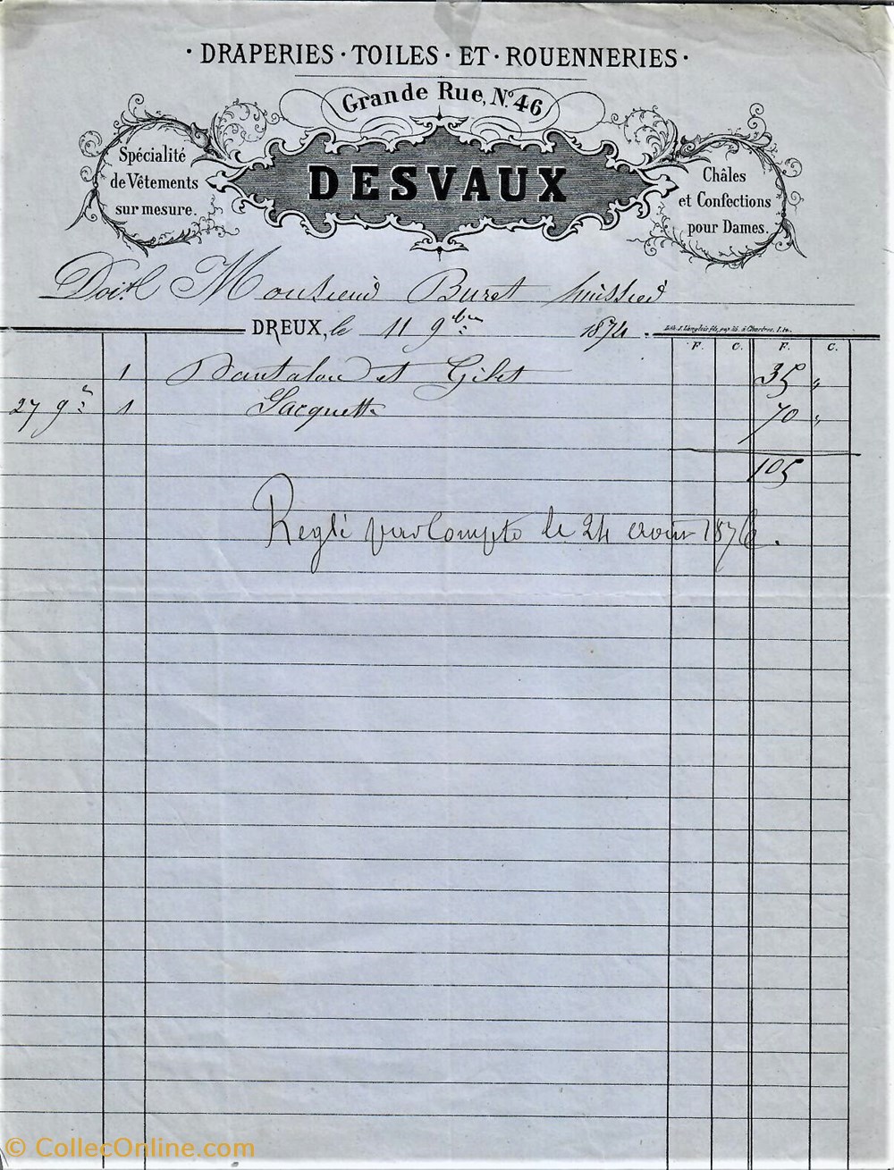 Draperies Desvaux documents anciens factures commerciaux draperies desvaux