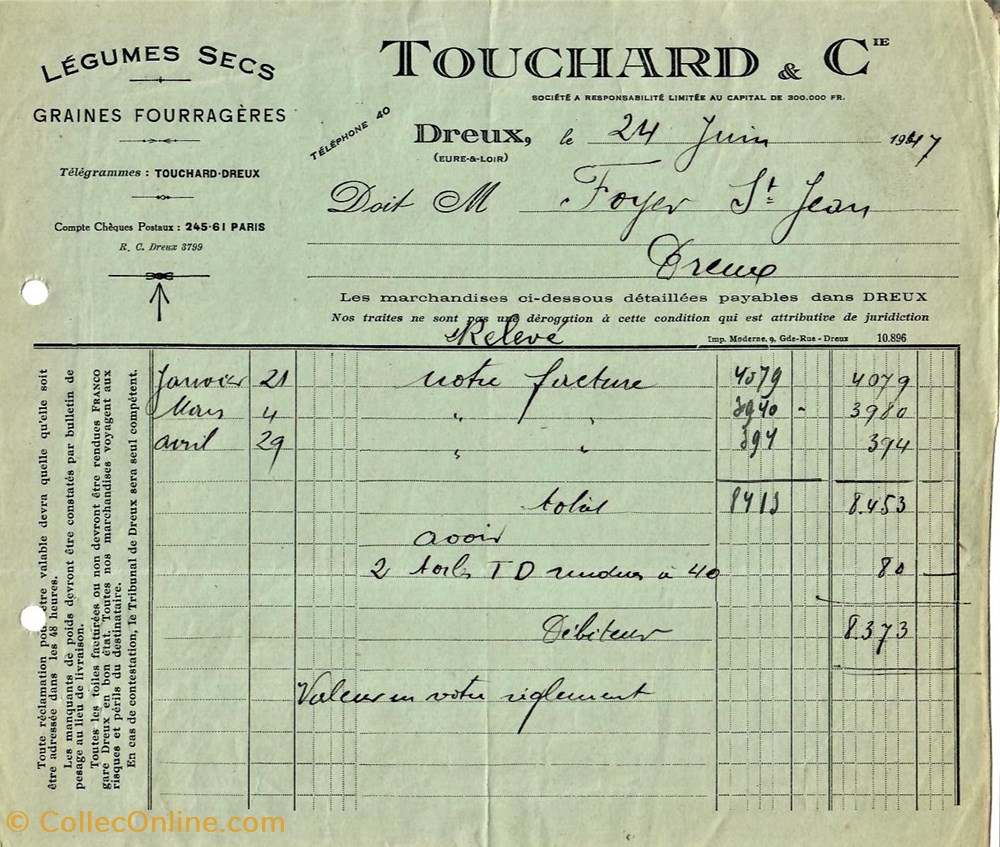 Maraîcherie Touchard & Cie documents anciens factures commerciaux maraicherie touchard cie