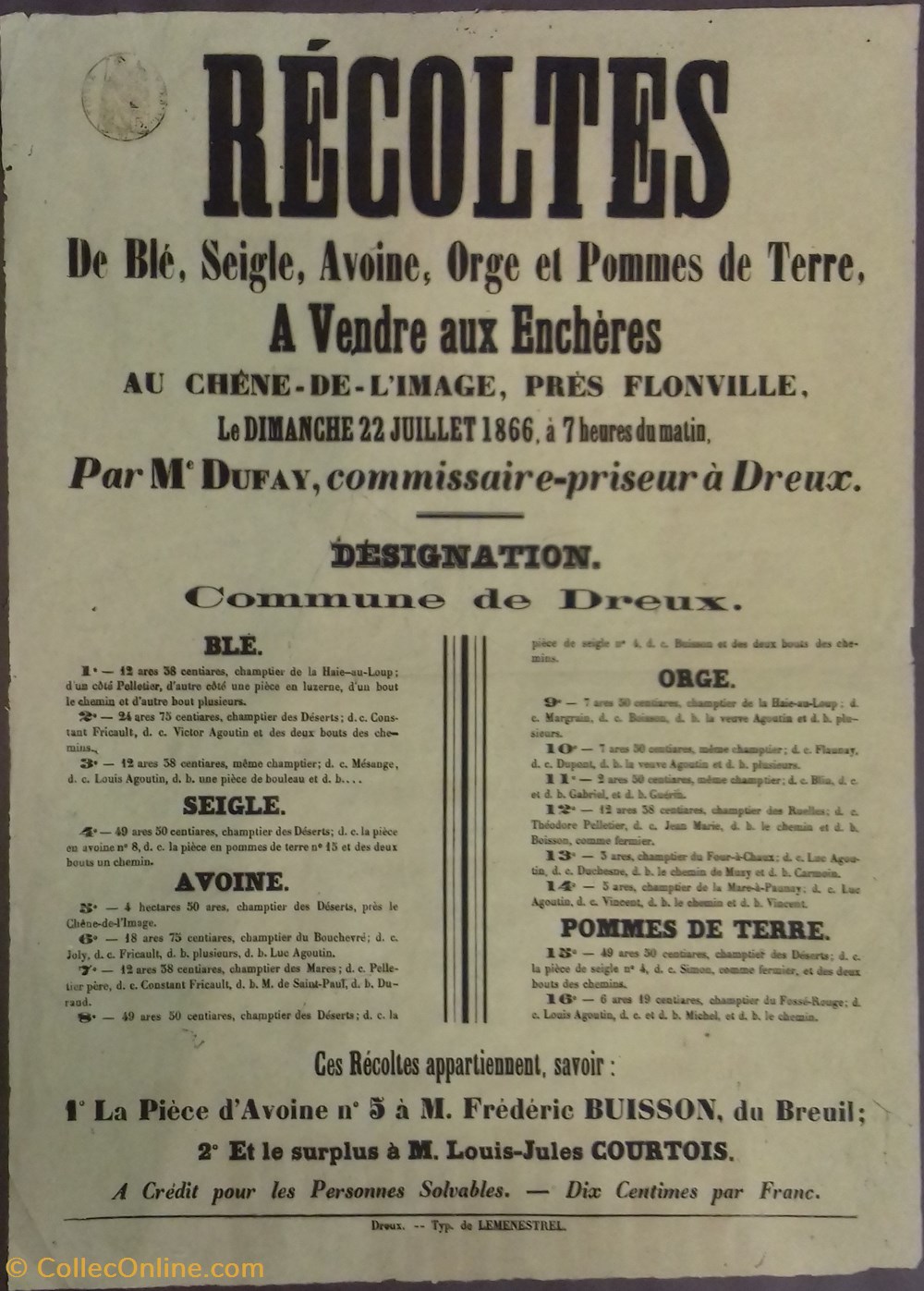 Vente de blé, seigle, avoine, orge et pommes de terre documents anciens affiches institutionnelle vente de ble seigle avoine orge et pommes de terre