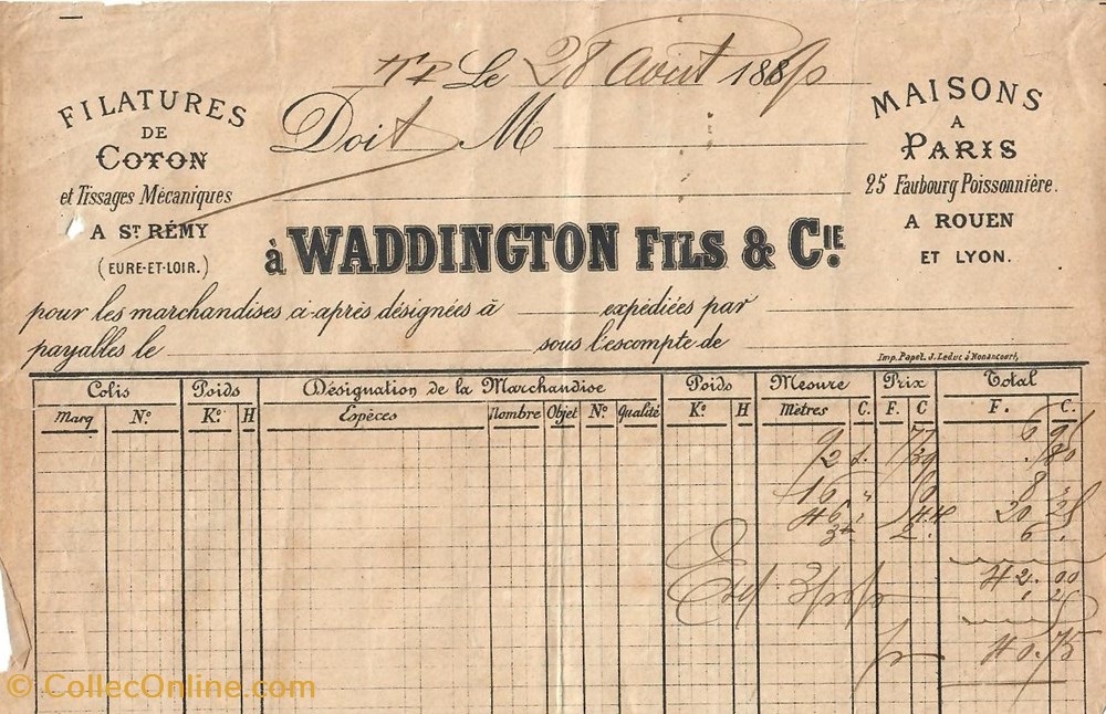 Établissements Waddington documents anciens factures commerciaux etablissements waddington