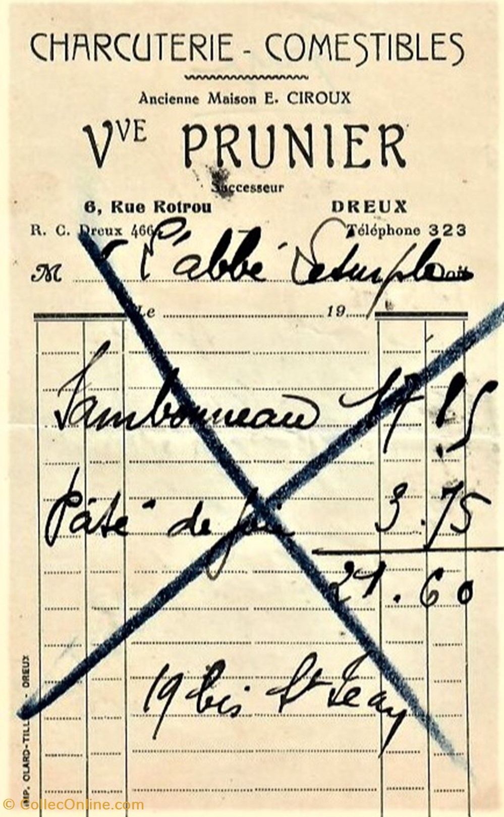documents anciens factures commerciaux charcuterie veuve prunier