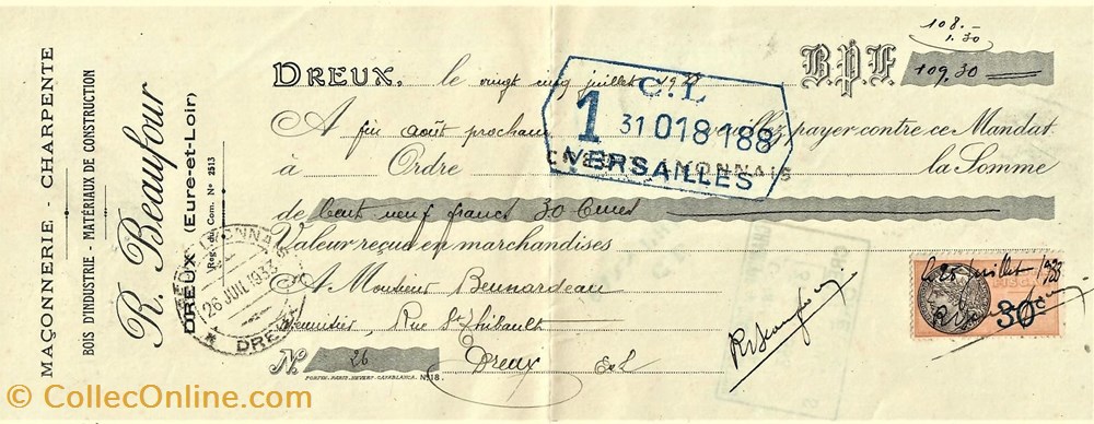 Mandat de la Maçonnerie R. Beaufour documents anciens factures commerciaux mandat de la maconnerie r beaufour